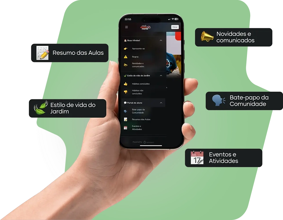 Aplicativo da Comunidade Divina Saúde no celular: resumo das aulas, Estilo de Vida do Jardim, bate-papo, novidades e eventos